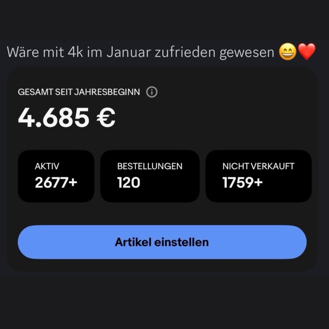 4.685 € Umsatz im Januar mit 120 Bestellungen